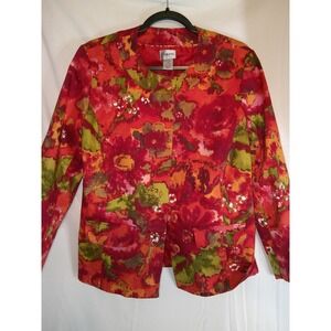 Chicos Floral Print Blazer Jacket Red Green Women Size 1